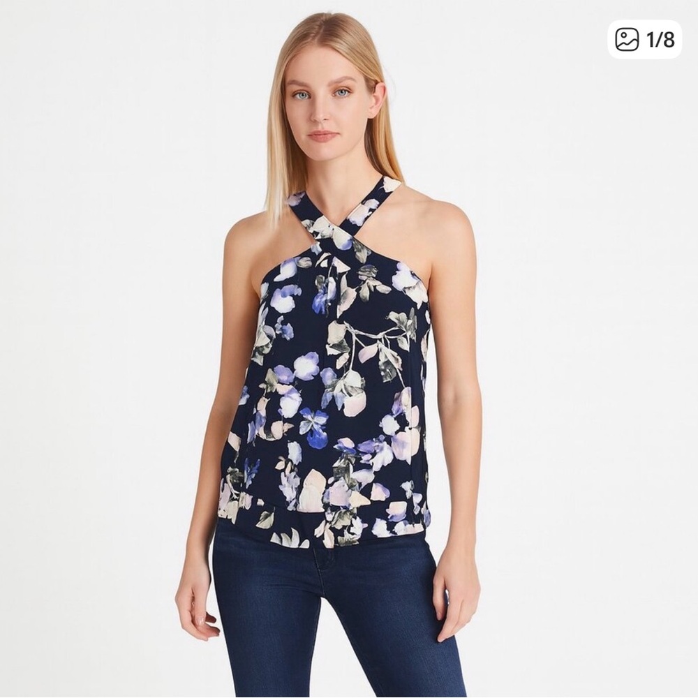 White House Black Market Navy Floral Cross-Neck Halter Top (M)